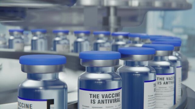 Factory for the production of medical drops or insulin or ampoules for injections. Line for packaging bottles with saline or vaccine. 3d render animation looped