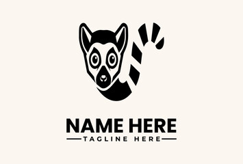 Black and white illustration of a lemur's head with a striped tail, accompanied by placeholder text for a name and tagline on a beige background. © vectorvovdesign