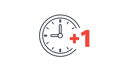 Icon of a clock with a 'plus one hour' (+1) symbol, isolated on white.