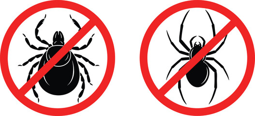 No insect warning icon set with crossed tick and spider symbols representing pest control prohibition and safety protection signs © MdAbuSayed