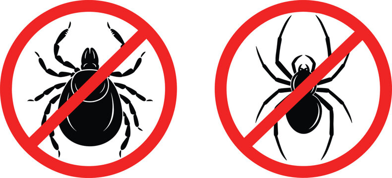 No insect warning icon set with crossed tick and spider symbols representing pest control prohibition and safety protection signs
