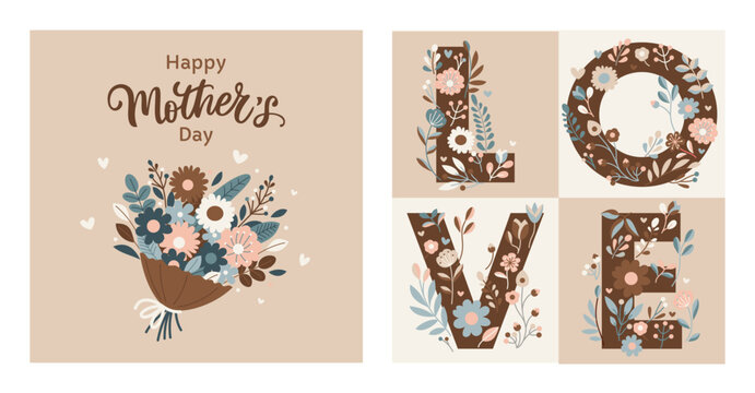 A bouquet of flowers for mom. Sweet illustration for Mother's Day. 
Cute hand drawn vector for card, poster or background.