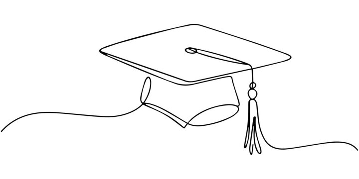 graduation cap continuous one line drawing, Continuous line drawing of a graduation cap and diploma.one line illustration symbolizing academic achievement, education, commencement, success, and a mile