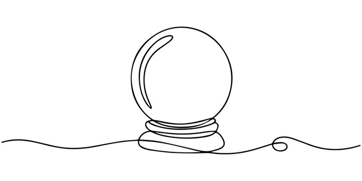 One continuous line drawing of Crystal ball. Mafic glass globe for concept predict fortune teller in simple linear style, Magic Crystal Ball Line Icon Editable Stroke