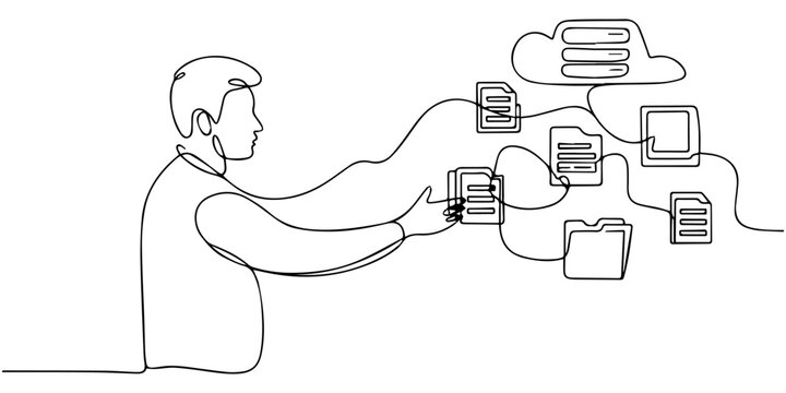 Databases, Man searching and managing files online continuous one line drawing document databases. Record keeping database technology File Access, Document Sharing, document management 