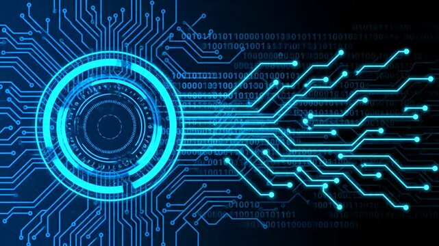 Glowing blue circuit board with binary code and loading circle animation