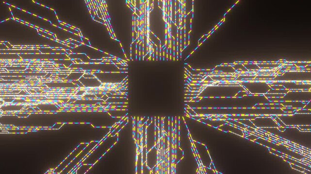 Vivid CMY tech background: Intricate circuit lines pulsing in magenta, lemon yellow and light blue - Orthographic 3D render geometric seamless loop animation.