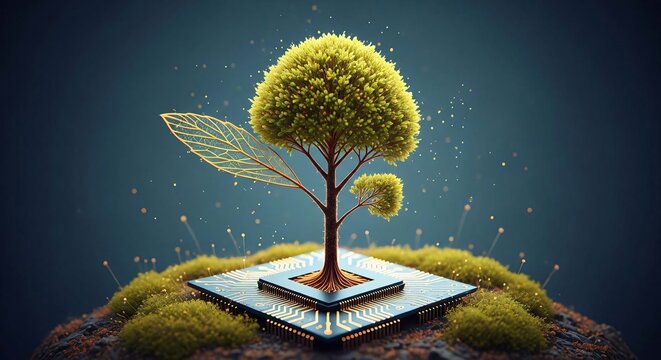 Generative AI illustration of digitally created image of ree with foliage growing from a circuit board illustrating the concept of technology