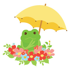 Obraz premium Frog Under Umbrella with Flowers Illustration. Cute Frog in Floral Rain Scene. Spring Frog and Umbrella Illustration