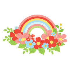 Naklejka premium Rainbow over Spring Flowers Illustration. Colorful Floral Rainbow Scene. Rainbow and Meadow Bouquet