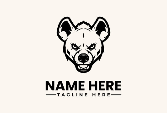 A black and white illustration of a hyena's head with a logo template and text placeholder on a beige background, featuring a vector-style pictogram and icon design.