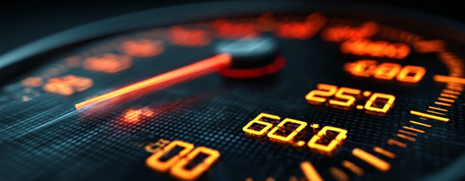 cClose-up of a digital speedometer with red, orange, and yellow numbers on a dark background.