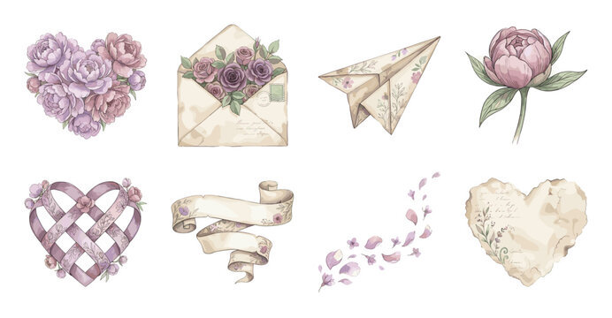 Vintage Floral Sticker Set with Peonies and Hearts