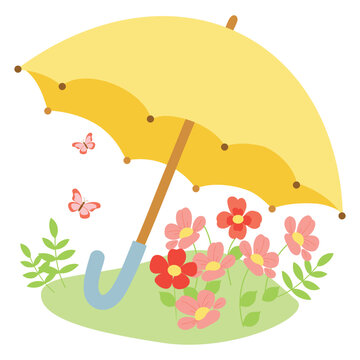 Umbrella Meadow with Spring Flowers. Yellow Umbrella Flower Scene. Rainy Meadow Floral Illustration
