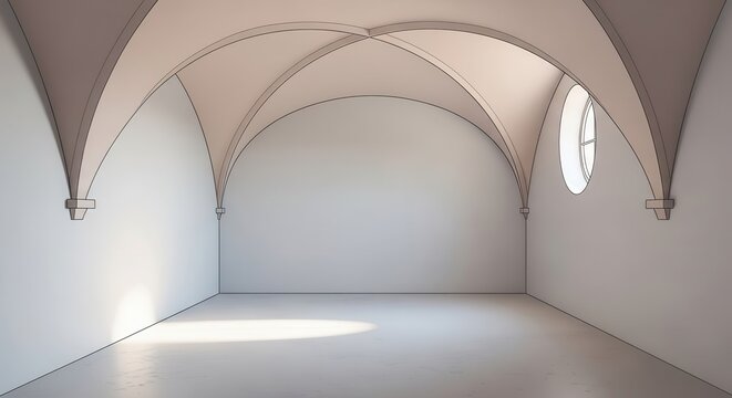 Architectural interior showcases vaulted ceiling structure with soft natural illumination