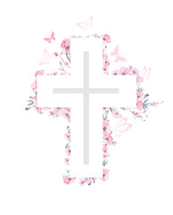 Obraz premium Religious cross with sakura flowers and butterflies . Hand drawn. Not AI, vector illustration. He is risen