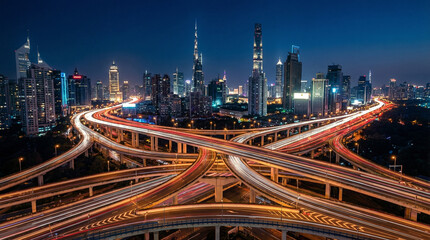 未来都市の夜景：多重交差するハイウェイと光のライン