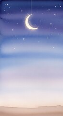 Glowing crescent moon hangs suspended against a dreamy, fading twilight sky over a muted landscape