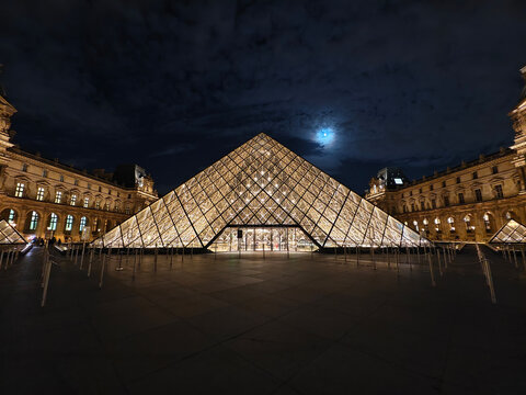 Paris,France-Oct.5th 2025: night view of the illuminated Louvre Pyramid in Paris