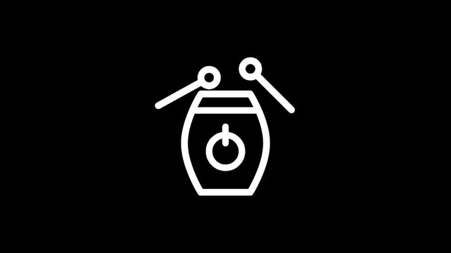 Simple white line icon of a bongo drum with drumsticks and a power symbol on a black background