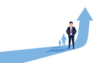 Obraz premium Ambitious businessman standing on a rising blue arrow representing career growth, financial success, and corporate progress.
