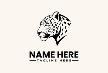 A black and white illustration of a leopard's head with a placeholder name and tagline on a beige background, featuring a logo and pictogram design. © vectorvovdesign