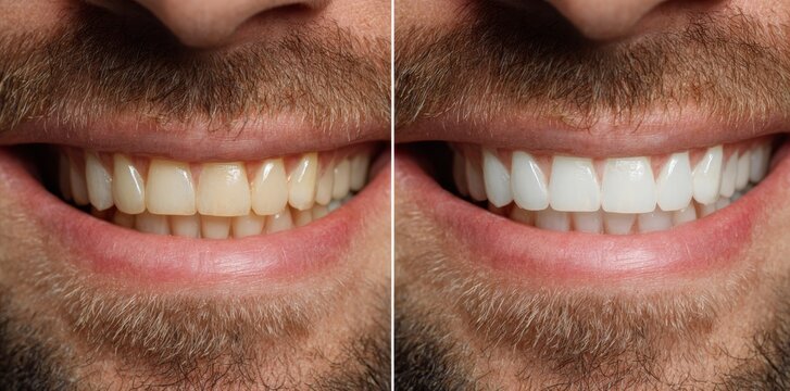 Close-up of a man's teeth before and after whitening, a set of two images. 