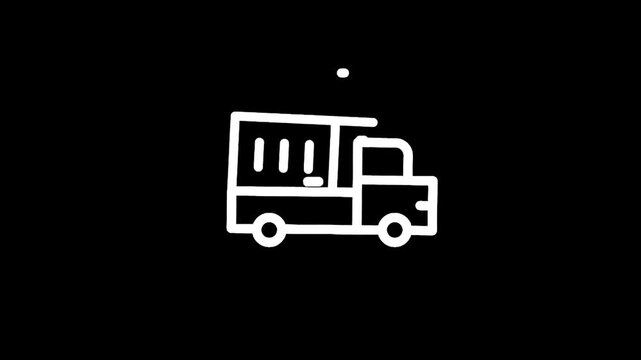 Simple white outline icon of a delivery truck on a black background