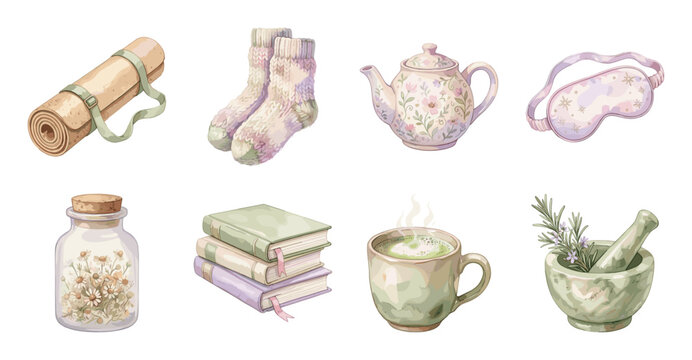 Wellness and Self Care Sticker Set, Pastel Watercolor Illustrations
