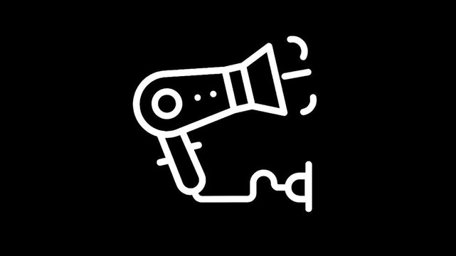 Icon of a white hairdryer with a cord and plug on a black background