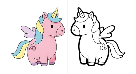 Fototapeta premium Before and after coloring concept featuring a sweet baby unicorn pegasus. Adorable mythical creature vector isolated on white. Perfect for creative apps, print