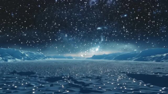 Celestial Ice Planet: A breathtaking cosmic panorama featuring a serene ice planet beneath a mesmerizing starry night sky, reflecting a sense of wonder and vastness.