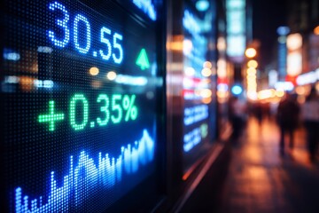 Stock market ticker board display with numbers and graphs on screen at night in city  finance and economy concept JPG image