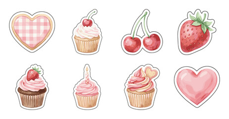 Cute Pink Dessert Sticker Set, Watercolor Vector Illustration