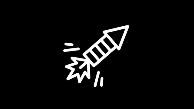 Simple white outline of a rocket launching upwards against a black background