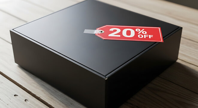 A sleek black box is displayed, a striking red tag boldly proclaims a 20% discount offer, appealing to potential shoppers.