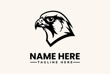 Fototapeta premium A black and white vector illustration of a hawk's head logo with a placeholder name and tagline on a clean background.
