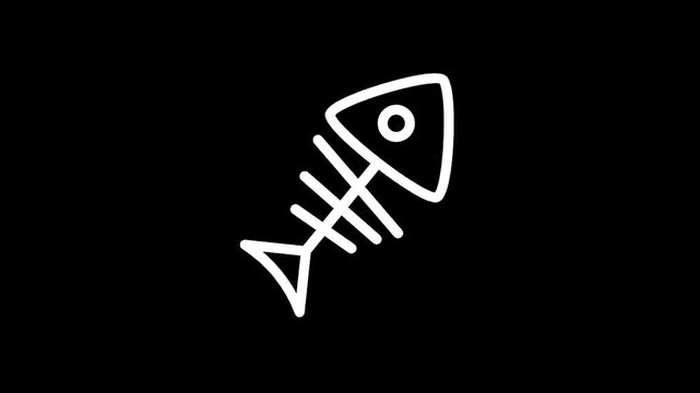 Simple white fish skeleton icon on a black background, minimalist design