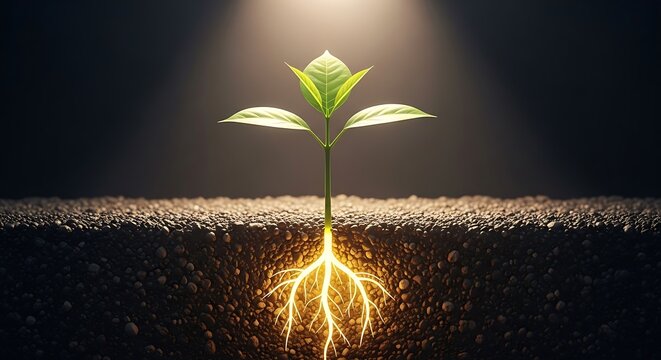A sapling with illuminated roots grows from dark soil, lit by a spotlight above