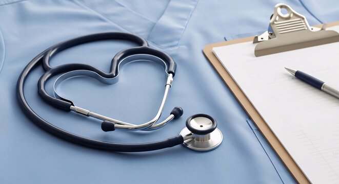 stethoscope shaping heart and clipboard on medical uniform, closeup