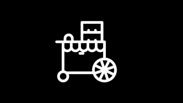 Simple line art icon of a food cart with wheels and awning on a black background