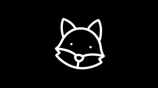 Simple white fox head icon on a black background, minimalist line art illustration
