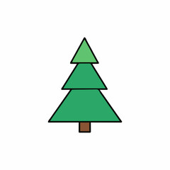 Stylized Green Christmas Tree with Brown Trunk and Black Outline Against a White Background
