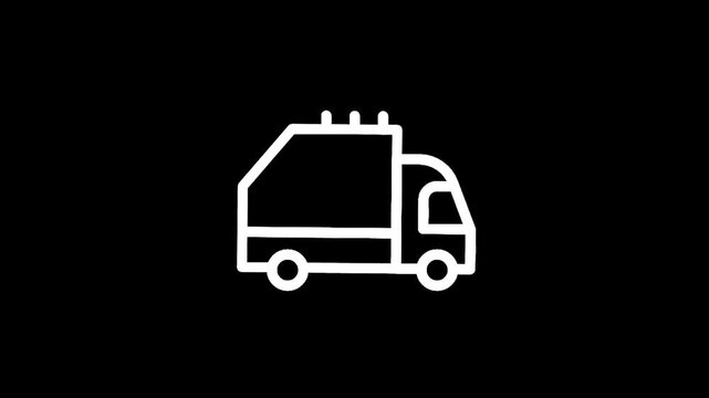 Simple white outline icon of a garbage truck on a black background