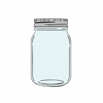 Clear Glass Mason Jar with Silver Metal Lid on White Background Simple Illustration