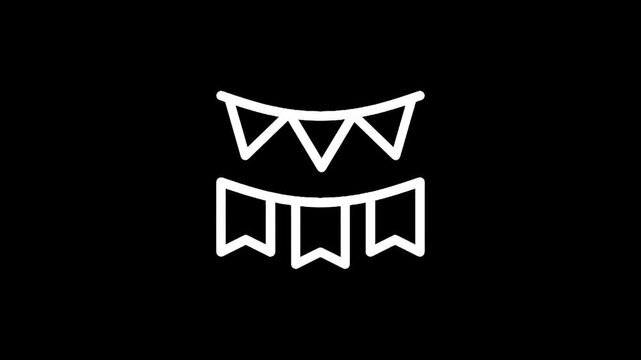 Simple line art icons of two bunting flags, one triangular and one rectangular, on a black background