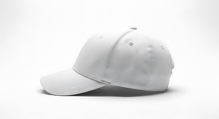A simple, isolated, white baseball cap, viewed from the side, on a white background