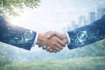 Two business people shaking hands with digital graphs and charts overlay in a city park with trees and buildings JPG image