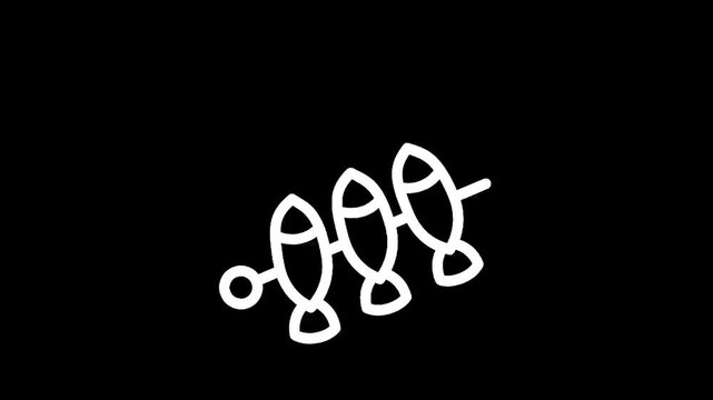 Simple white line drawing of three fish on a skewer against a black background