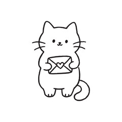 Obraz premium Adorable Minimalist Line Art Drawing of a Cute Cat Holding Love Letter.